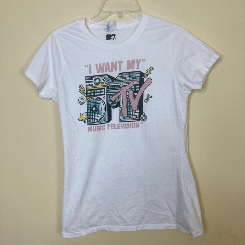 I Want my MTV Music Television Womens T-shirt Small Port & Company White Pink